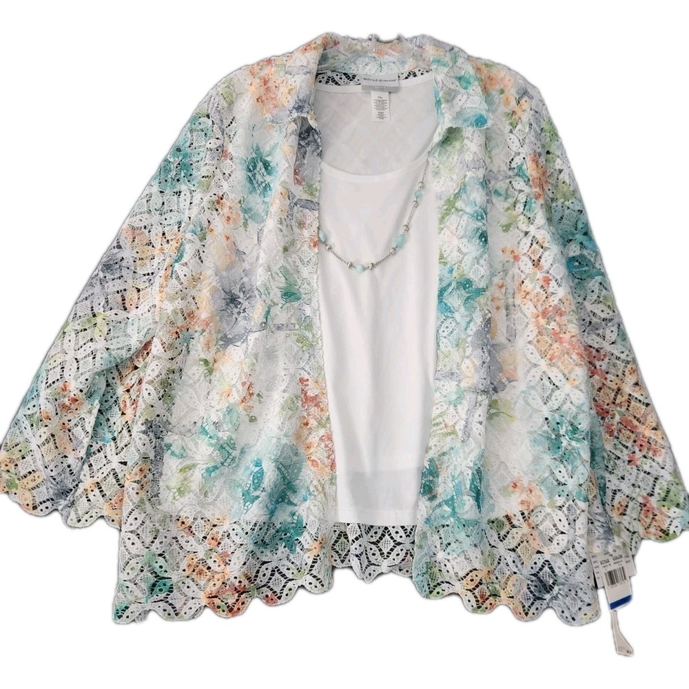 Alfred Dunner Women Blouse PXL 3 Piece Necklace Crochet Lace Topper Tank Grandma